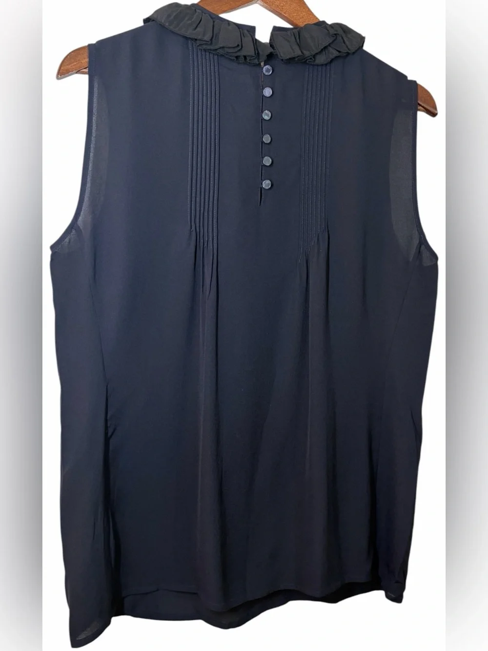 Tory Burch SILK Ruffled Bib Collar Sleeveless Blouse Top Navy Black Size 12